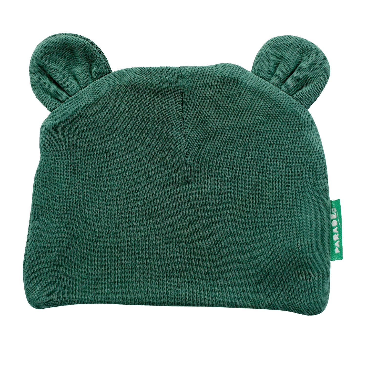 Emerald green baby hat with bear ears on a white background