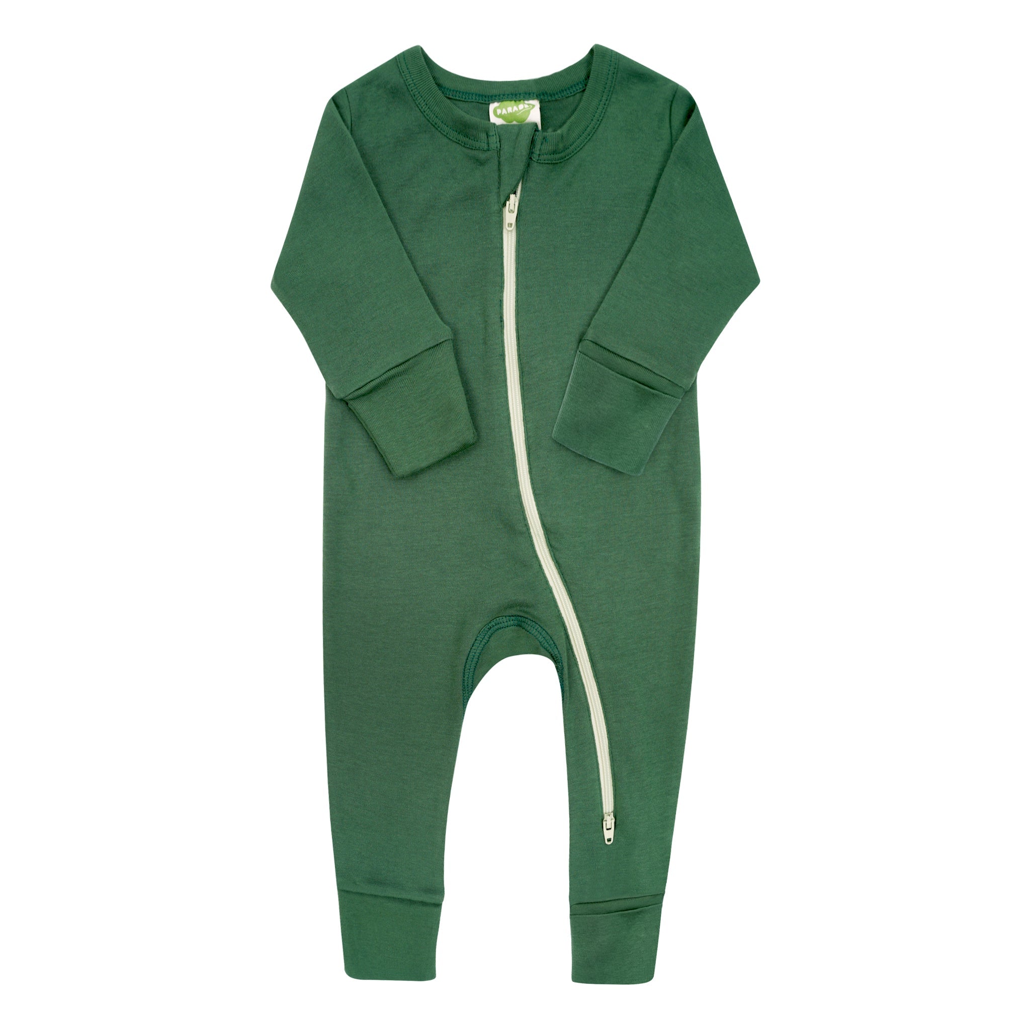 Green baby onesie with a zipper on a white background