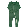 Green baby onesie with a zipper on a white background